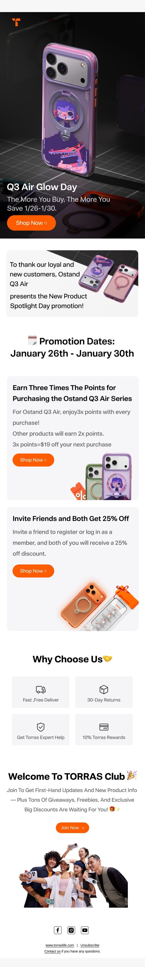 Glow Day Rewards: 3× Points (Equivalent to $19 OFF or More) + Invite Friends for 25% Off! email from Torras screenshot
