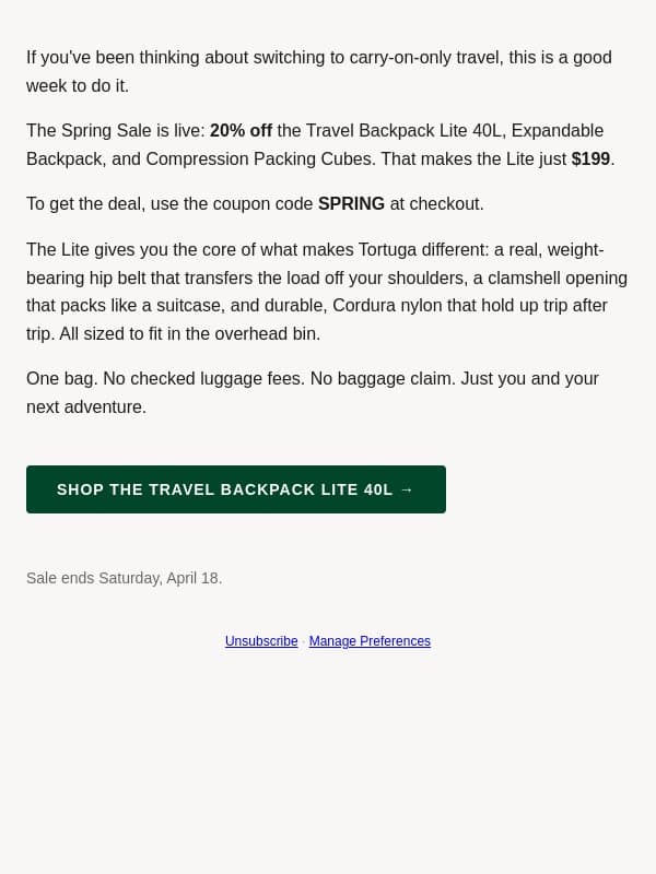 Get the Travel Backpack Lite for just $199 email from Tortuga screenshot