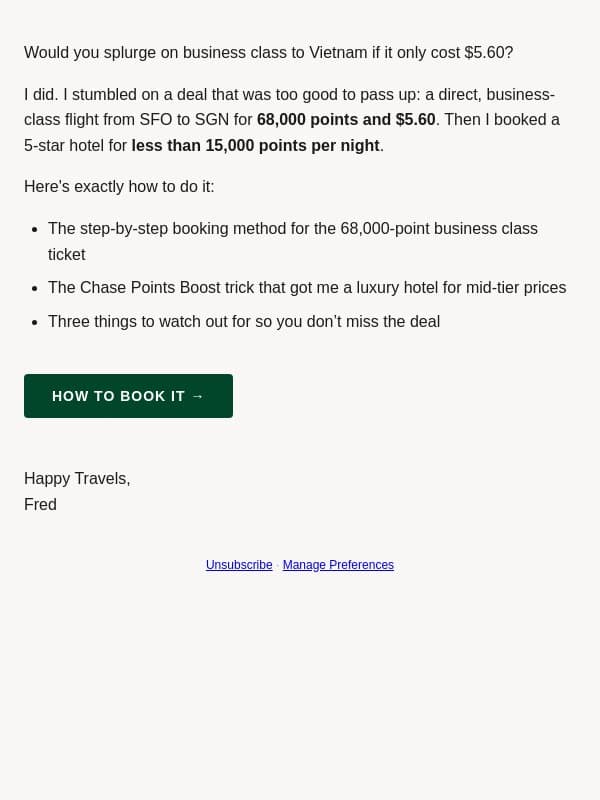 Fly business class to Vietnam for 68,000 points email from Tortuga screenshot