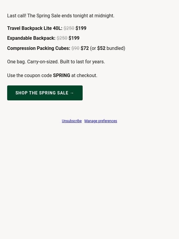 Last Call: 20% off ends tonight email from Tortuga screenshot