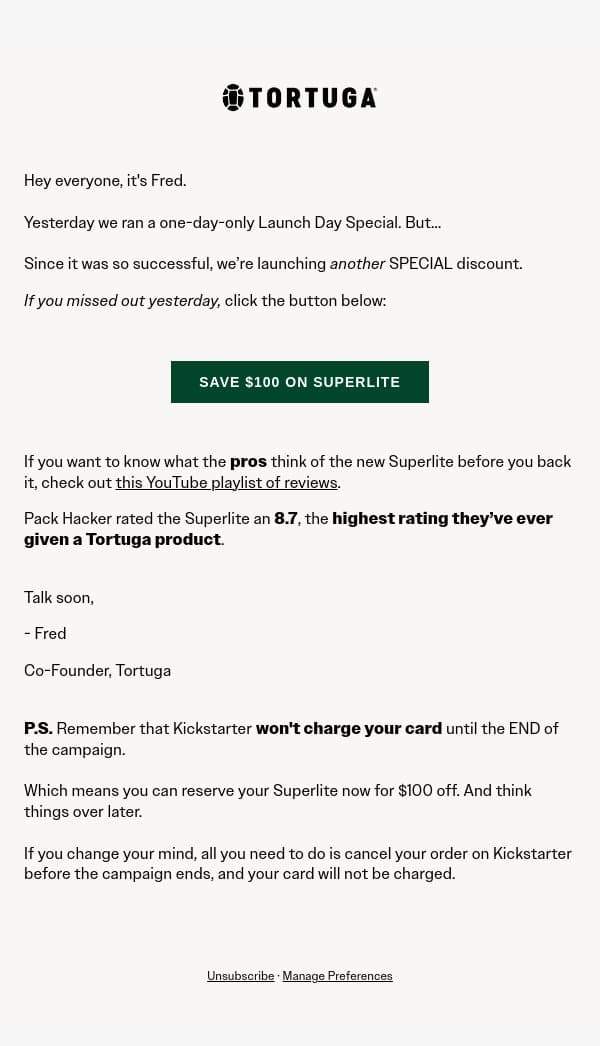 The reviews are in... email from Tortuga screenshot
