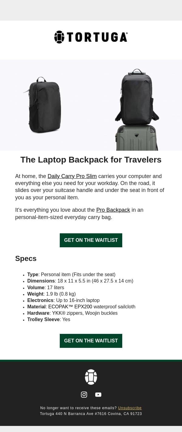 COMING NOV 12: The EDC Backpack for Travelers email from Tortuga screenshot