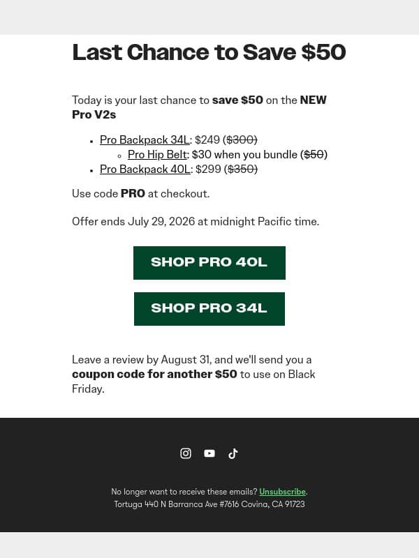 FINAL HOURS: Save $50 on the NEW Pro V2 email from Tortuga screenshot