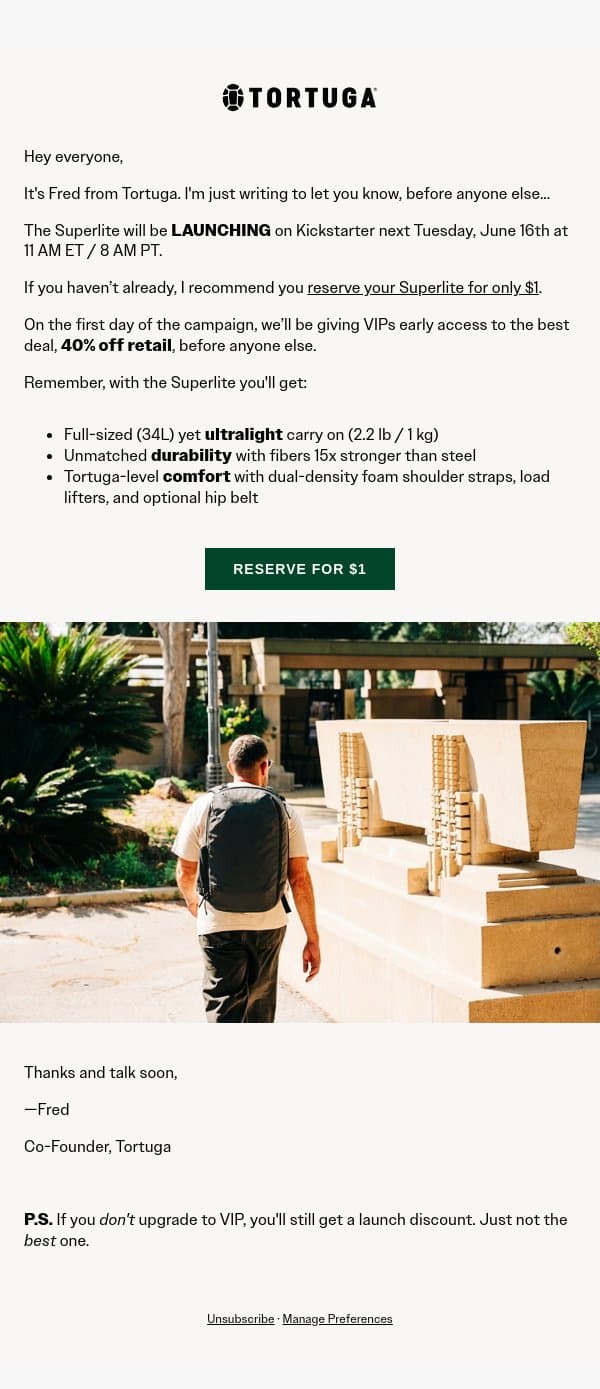 Important Launch Announcement 😉 email from Tortuga screenshot