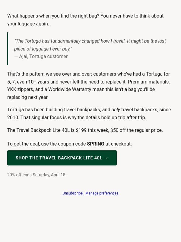 "It might be the last piece of luggage I ever buy." email from Tortuga screenshot