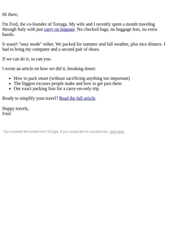 I Traveled for a Month with Just a Carry On (Here's How You Can Too) email from Tortuga screenshot