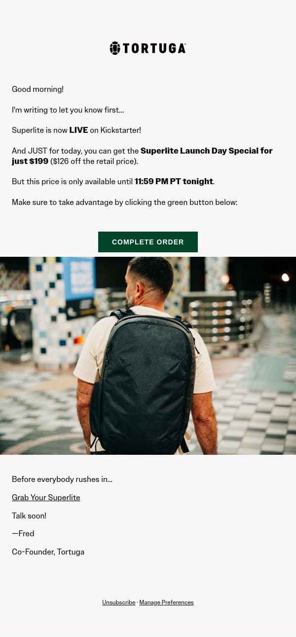 Superlite just launched on Kickstarter! email from Tortuga screenshot