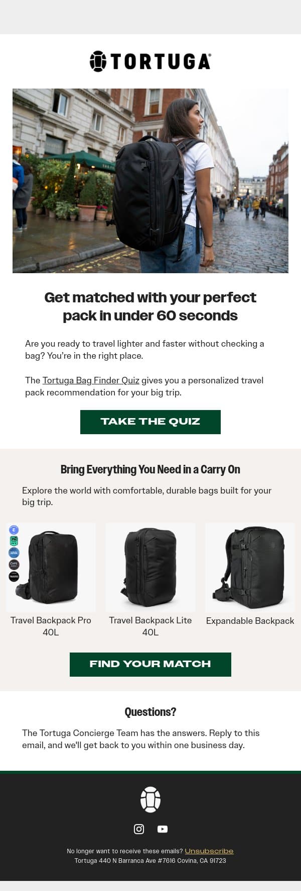 Find the perfect pack for your big trip email from Tortuga screenshot