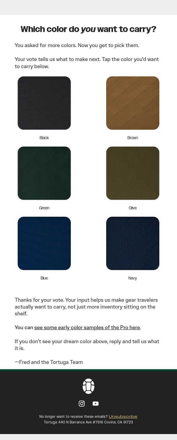 You pick Tortuga's next color email from Tortuga screenshot
