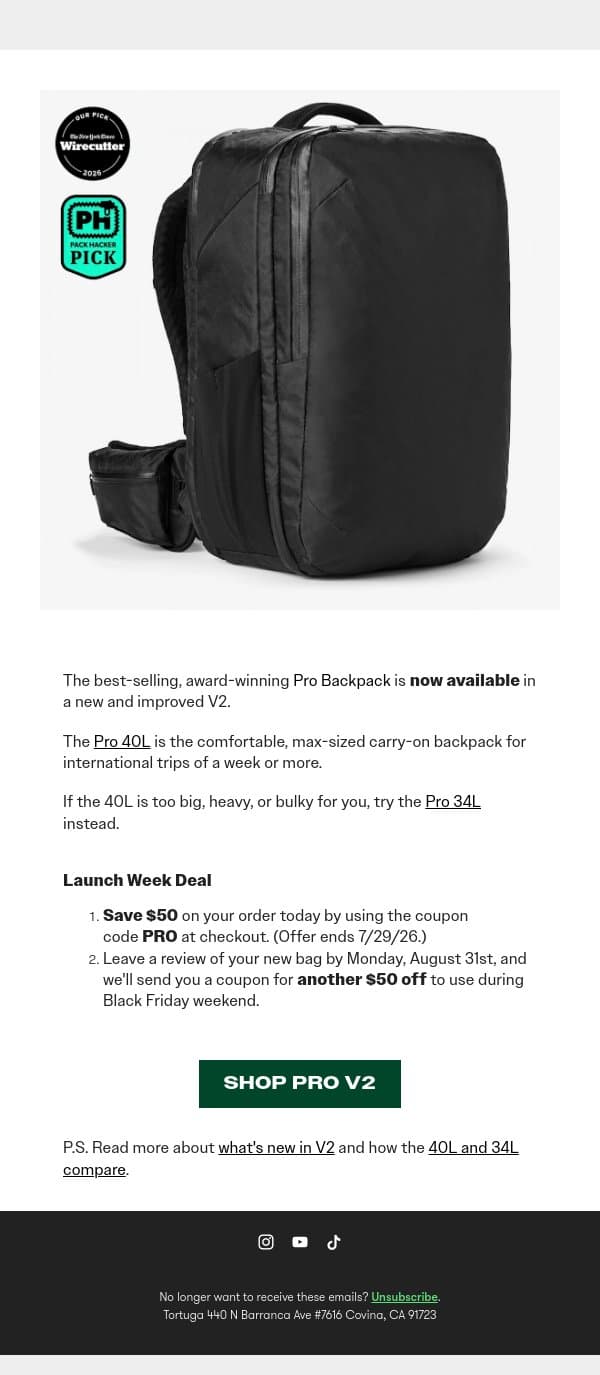 The Pro V2 is HERE (Launch Week Deal inside) email from Tortuga screenshot