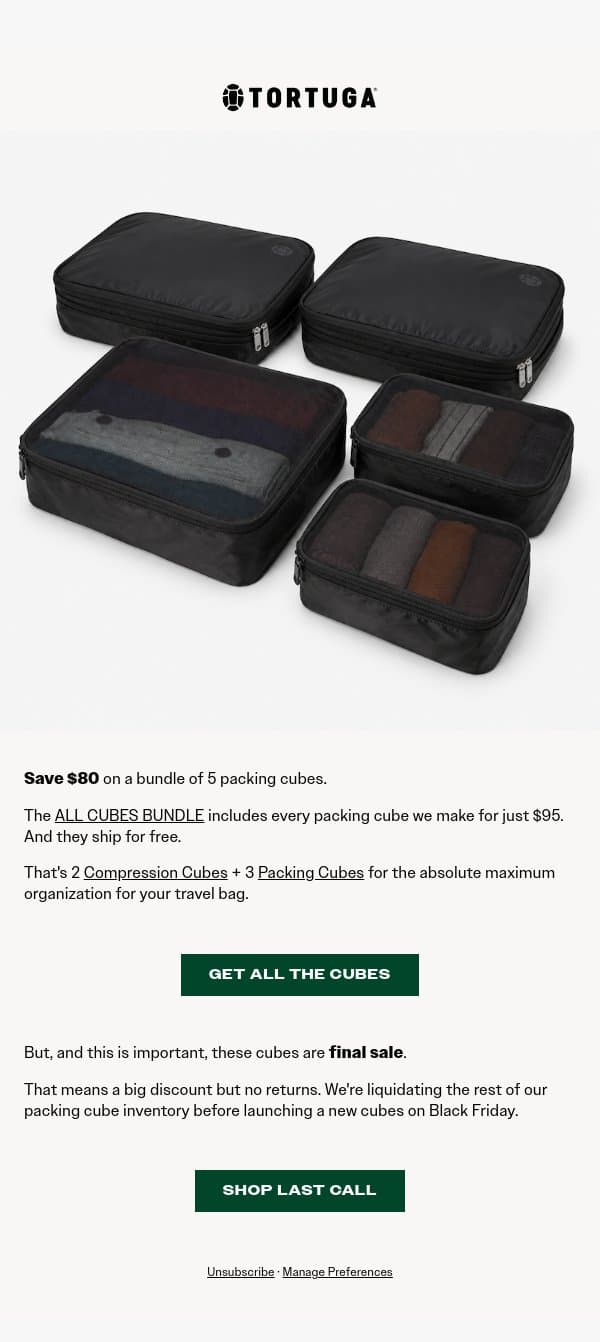 Last Call on Tortuga Packing Cubes email from Tortuga screenshot