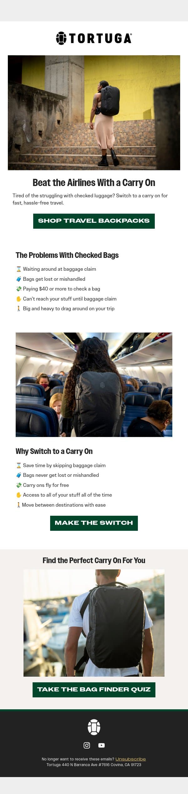 Never pay checked bag fees again email from Tortuga screenshot