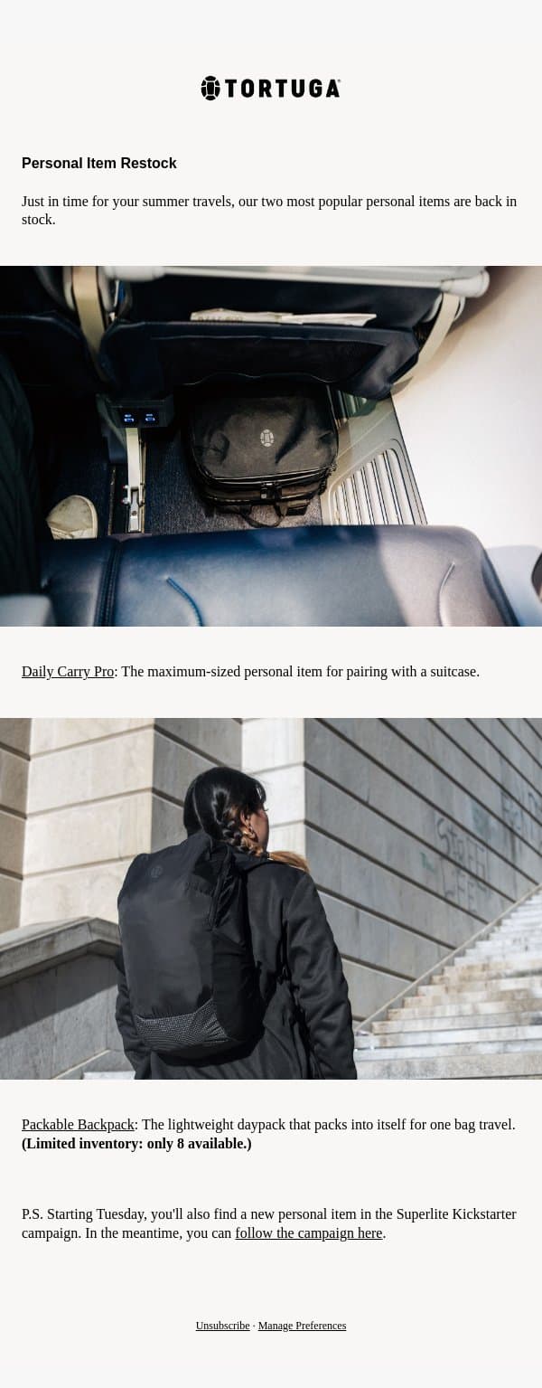 BACK IN STOCK: Our two most popular personal items email from Tortuga screenshot