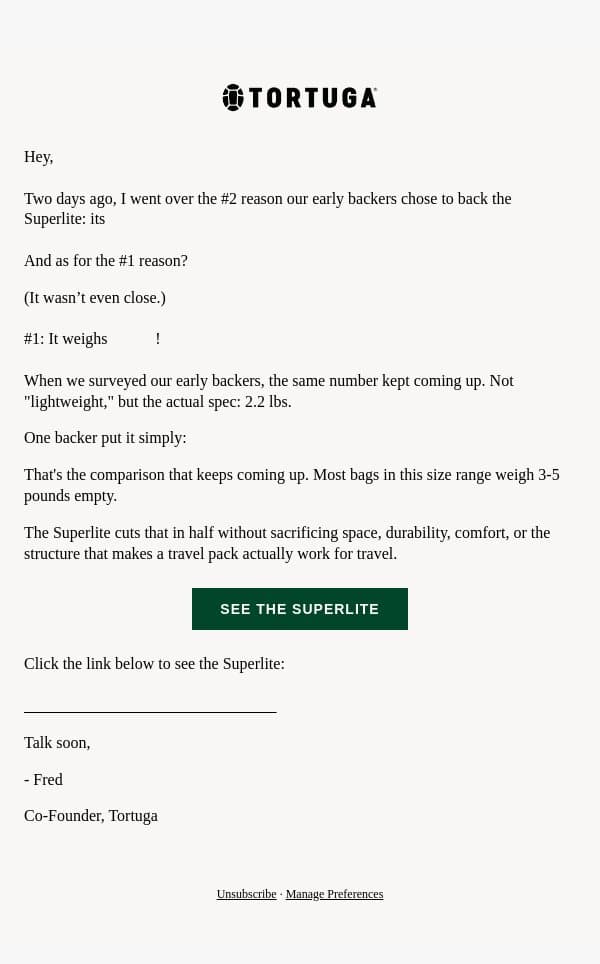 "The 2.2 lb backpack. My other backpack is 4 lbs." email from Tortuga screenshot