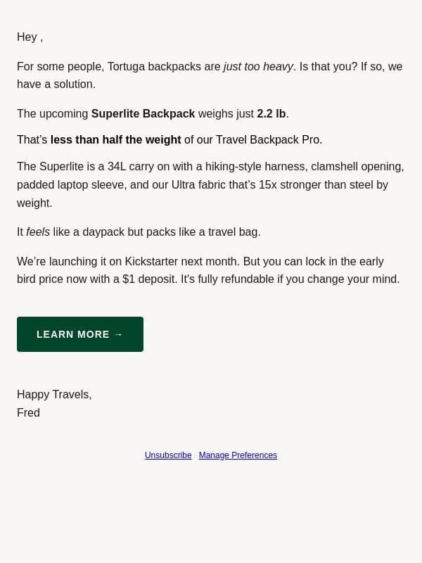 The lightest AND strongest travel bag we've ever made (2.2 lb) email from Tortuga screenshot