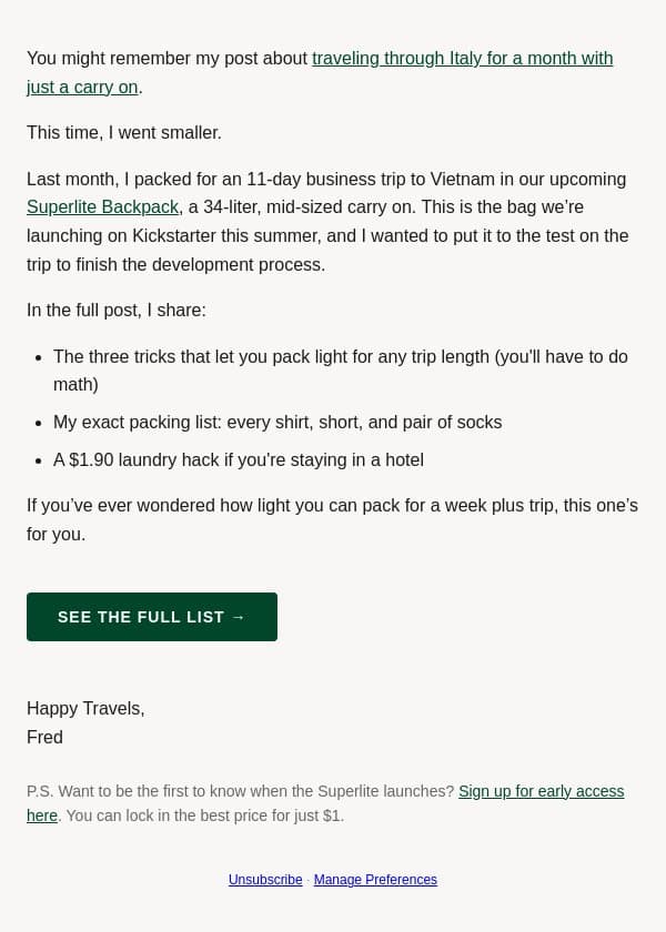 I packed for 11 days in the new Superlite Backpack... email from Tortuga screenshot