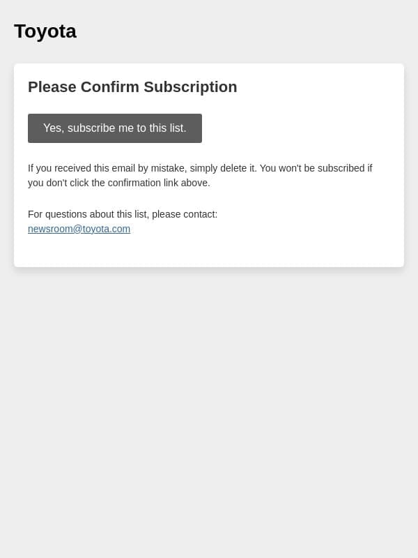 Toyota Pressroom: Please Confirm Subscription email from Toyota screenshot