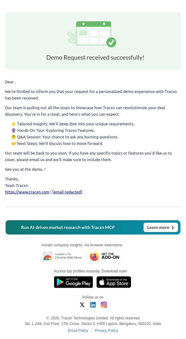 Tracxn - Your Exclusive Demo Experience is Just Around the Corner! email from Tracxn screenshot