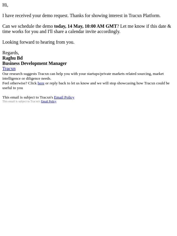 Tracxn | Demo Request email from Tracxn screenshot