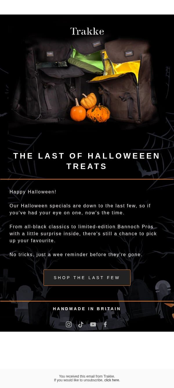 Last few Halloween treats left 🎃 email from Trakke screenshot