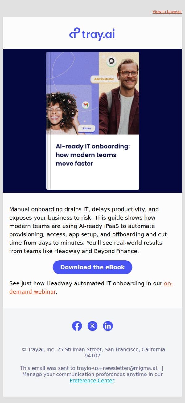 Manual IT onboarding is costing you, here’s the fix email from Tray.io screenshot