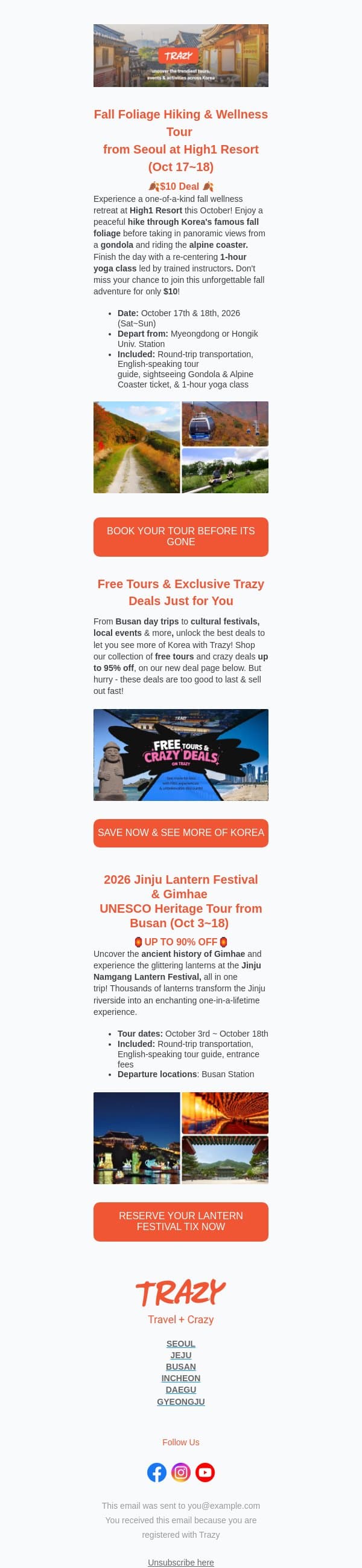 🔥$10 Deals, Free Tours & More All in One Place this Fall email from Trazy screenshot