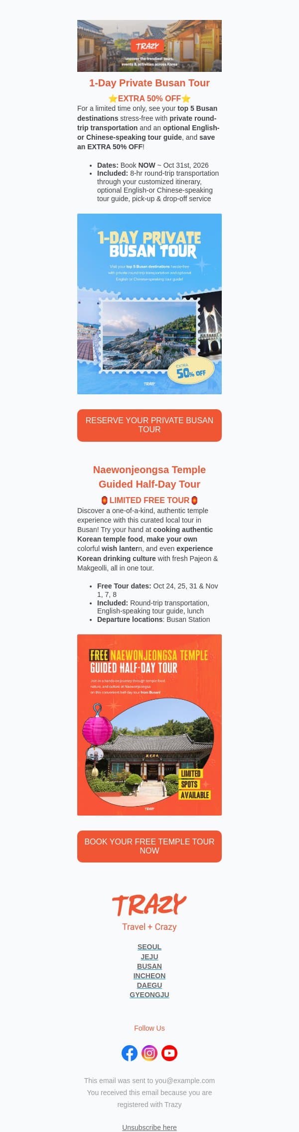 ⭐ EXCLUSIVE: Free Temple Tour & Half-Off Deals to see More of Korea this Fall email from Trazy screenshot