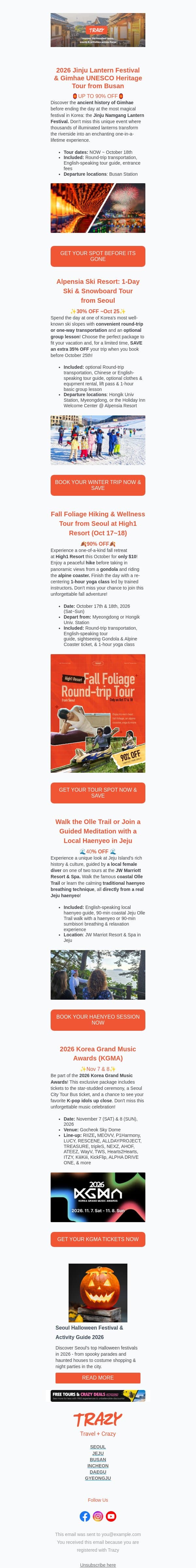 Unlock the Best Fall Festivals & More Across Korea this October 🎃 email from Trazy screenshot