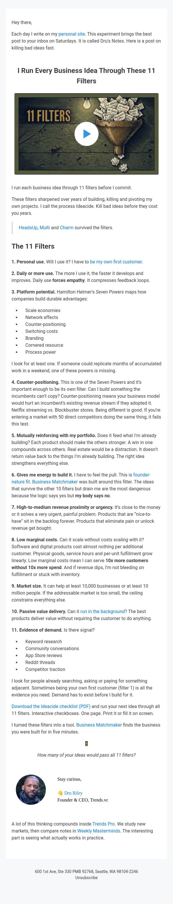 I Run Every Business Idea Through These 11 Filters email from Trends screenshot
