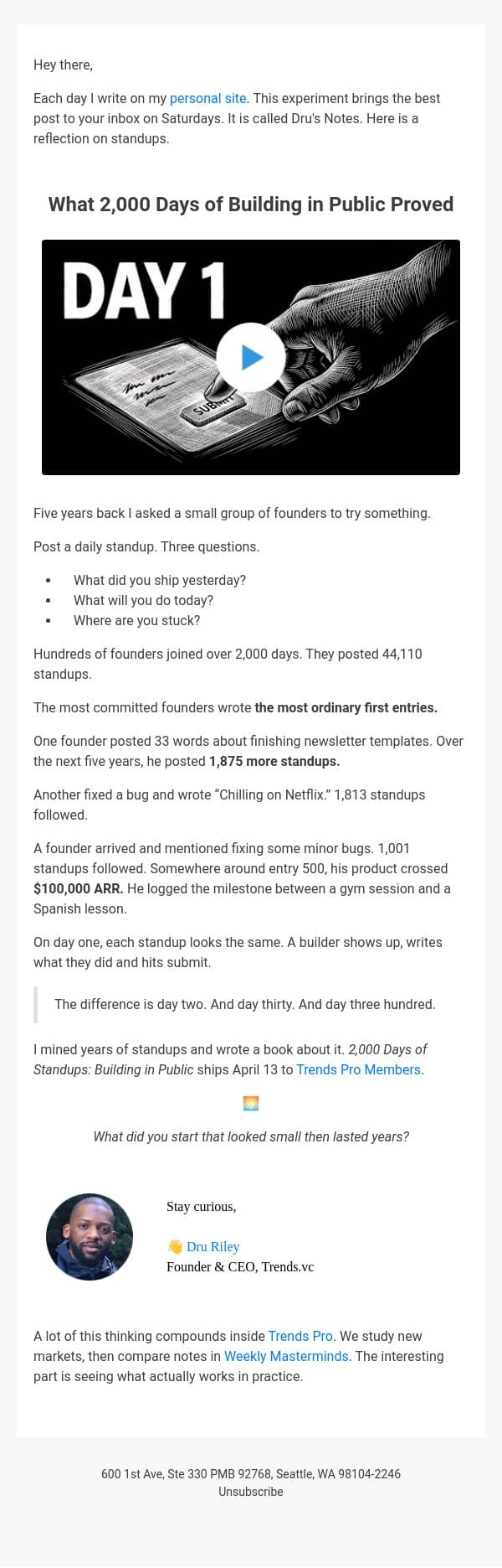 What 2,000 Days of Building in Public Proved email from Trends screenshot