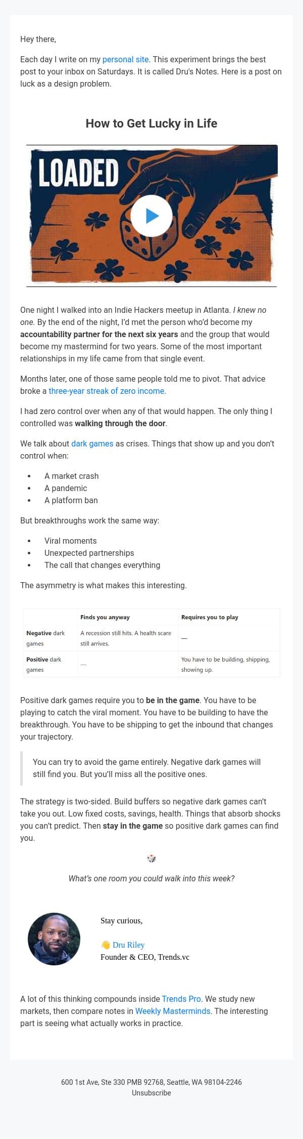 How to Get Lucky in Life email from Trends screenshot