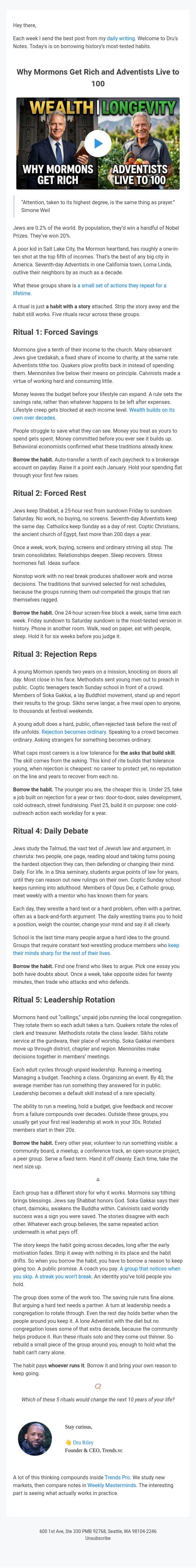 Why Mormons Get Rich and Adventists Live to 100 email from Trends screenshot