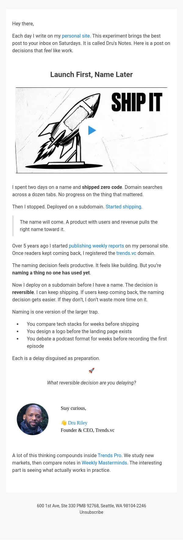Launch First, Name Later email from Trends screenshot