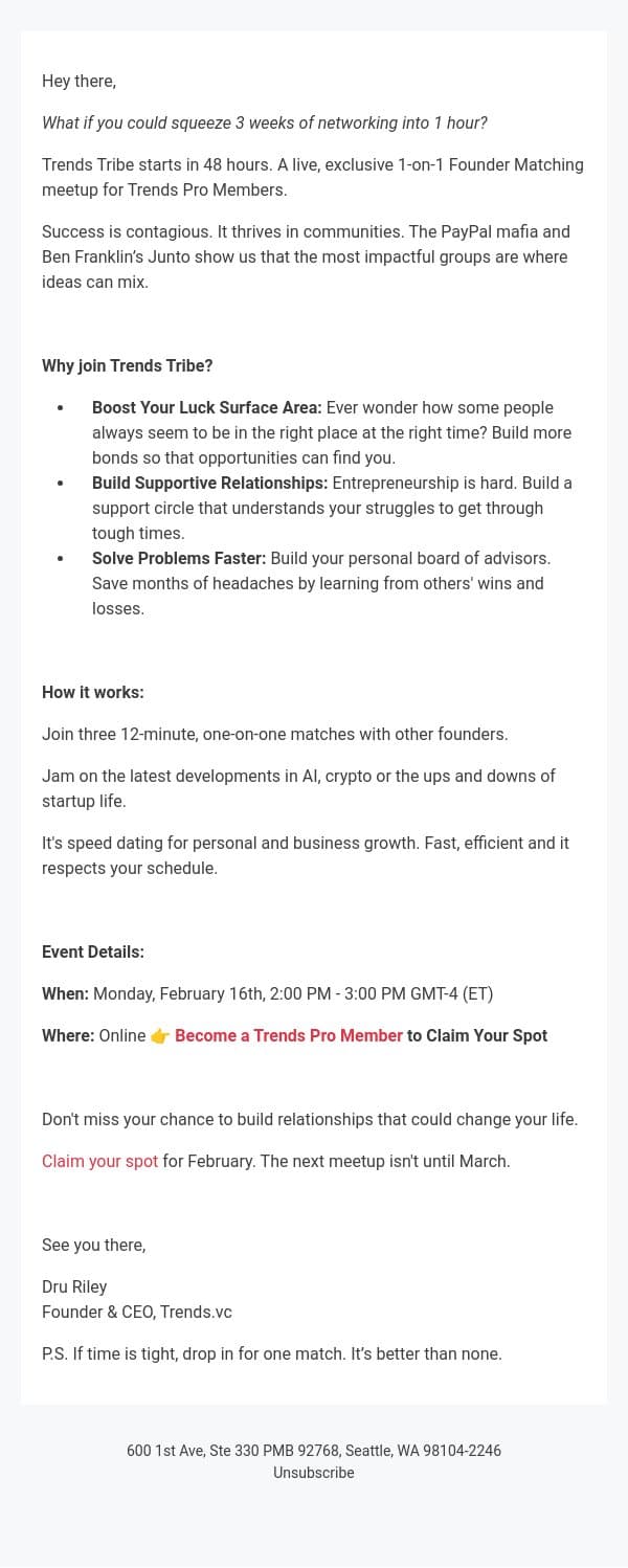 ⏰ 1-on-1 Founder Matching starts in 48 hours… email from Trends screenshot