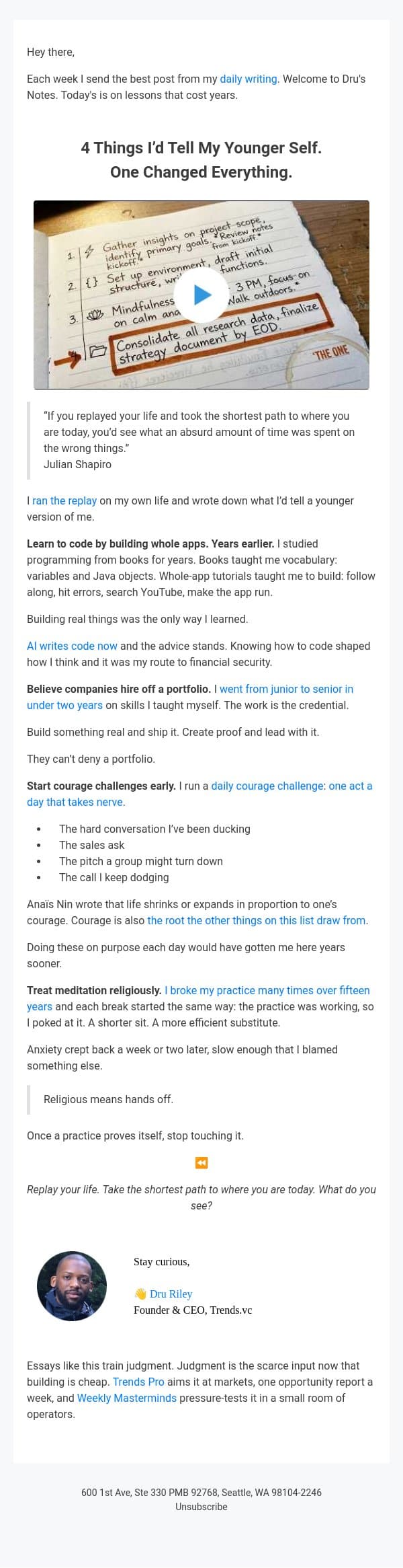 4 Things I’d Tell My Younger Self. One Changed Everything. email from Trends screenshot
