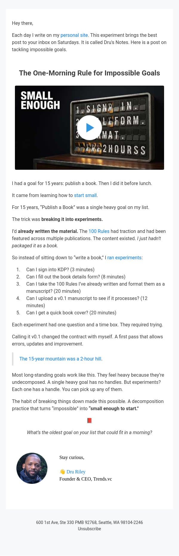 The One-Morning Rule for Impossible Goals email from Trends screenshot