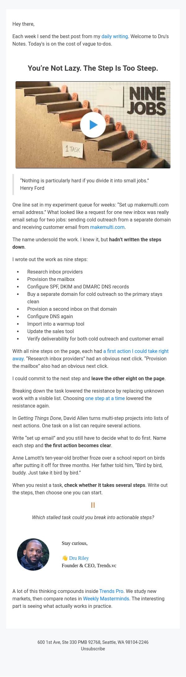 You’re Not Lazy. The Step Is Too Steep. email from Trends screenshot