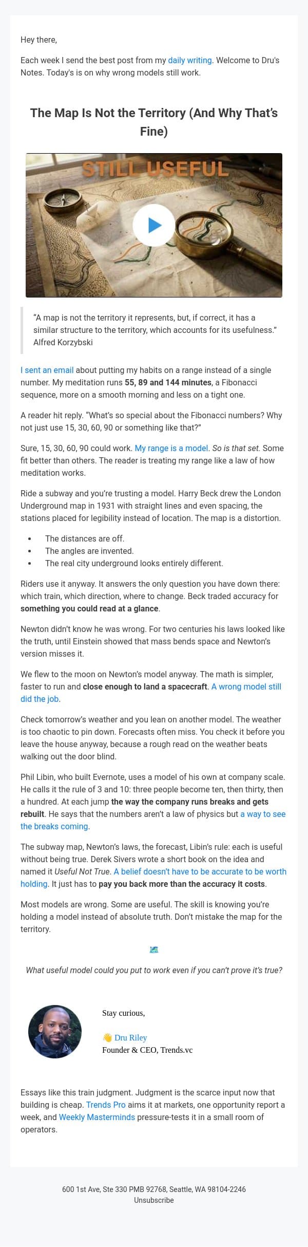 The Map Is Not the Territory (And Why That’s Fine) email from Trends screenshot