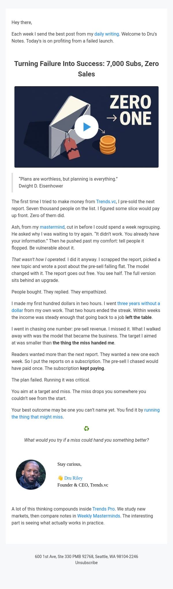 Turning Failure Into Success: 7,000 Subs, Zero Sales email from Trends screenshot