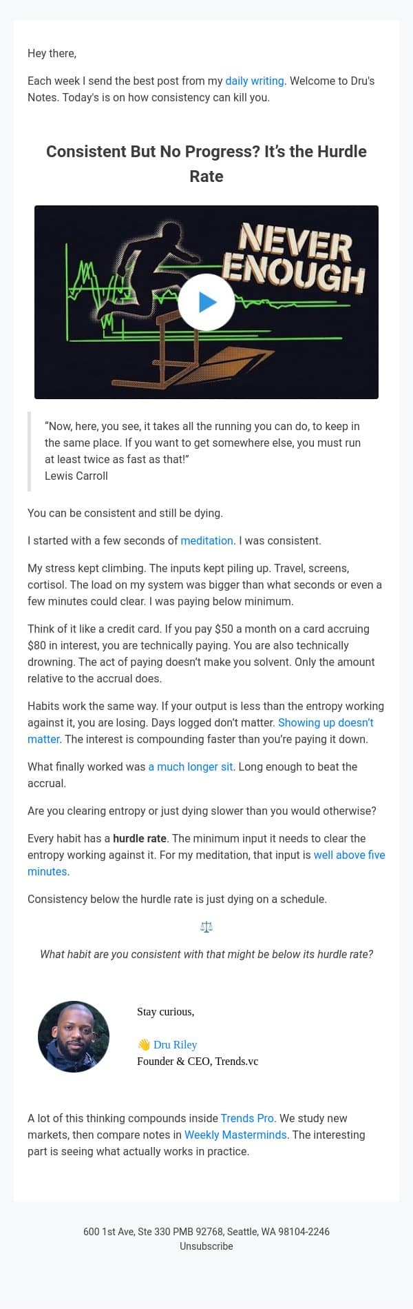 Consistent But No Progress? It’s the Hurdle Rate email from Trends screenshot