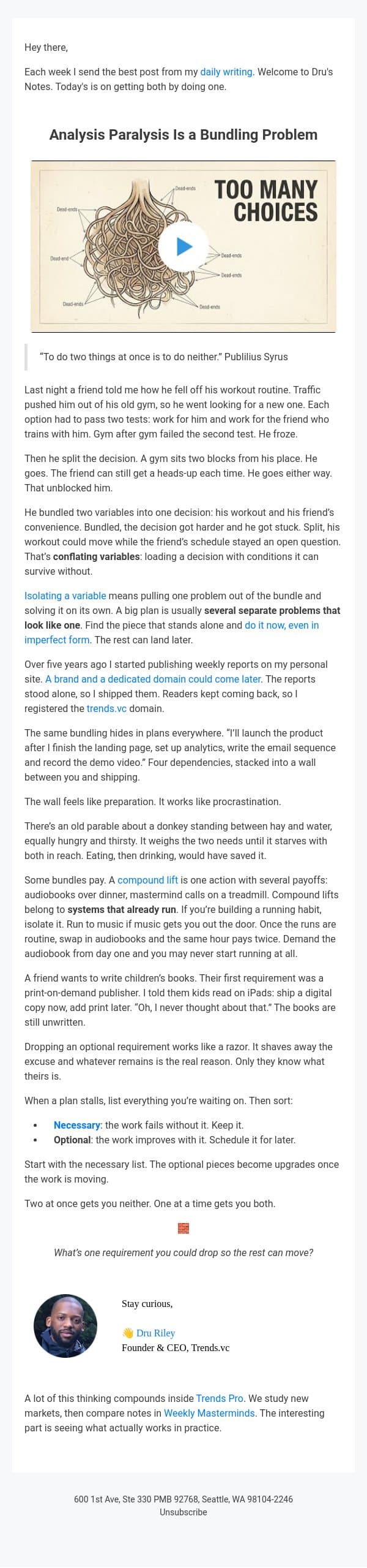 Analysis Paralysis Is a Bundling Problem email from Trends screenshot