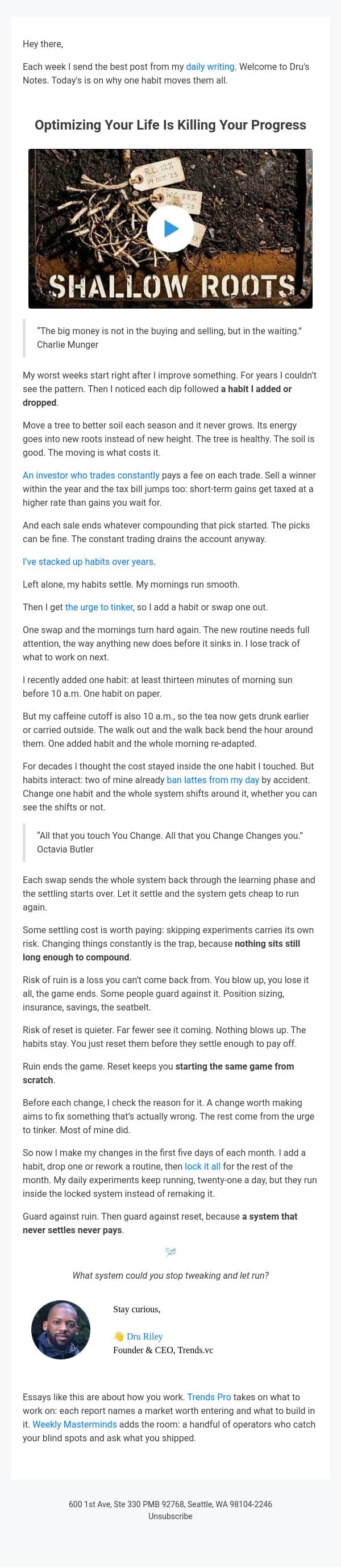 Optimizing Your Life Is Killing Your Progress email from Trends screenshot