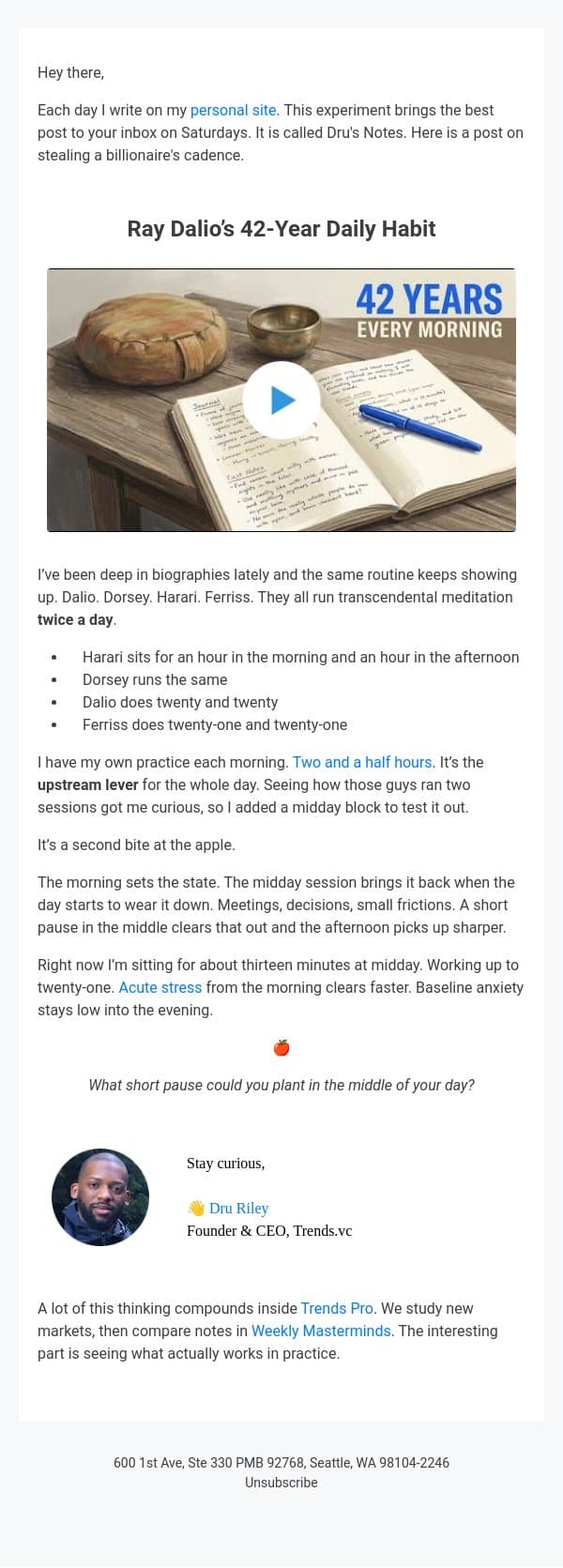 Ray Dalio’s 42-Year Daily Habit email from Trends screenshot