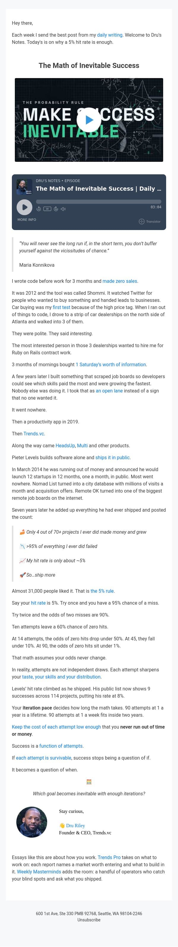 The Math of Inevitable Success email from Trends screenshot