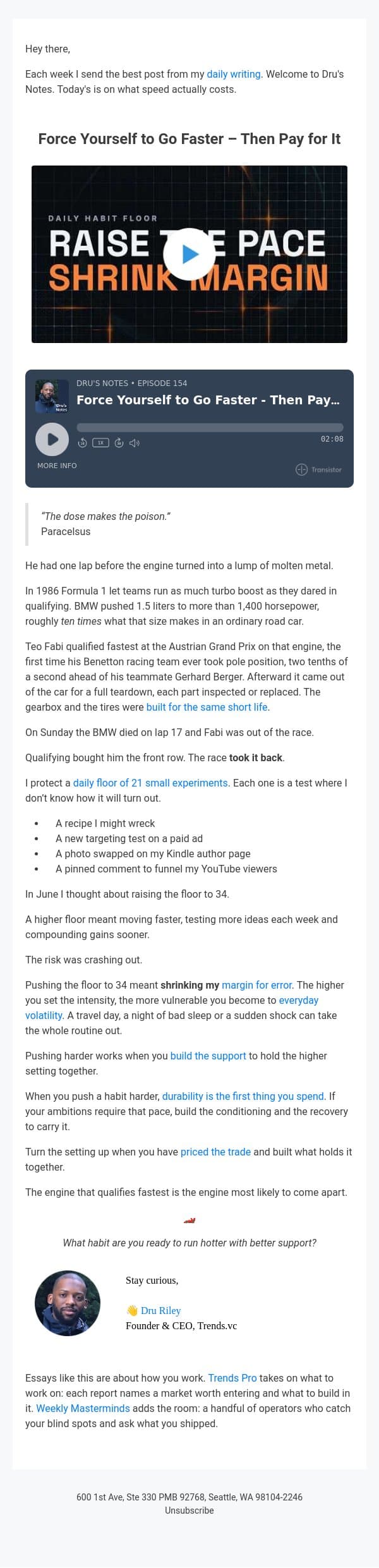 Force Yourself to Go Faster – Then Pay for It email from Trends screenshot