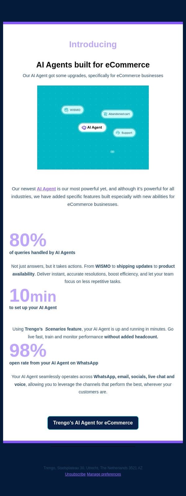 [Product Update] An eCommerce AI Agent built for Support and more... email from Trengo screenshot