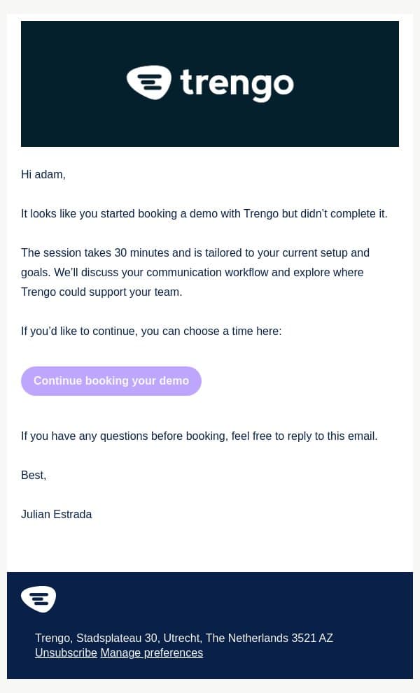 Continue booking your demo email from Trengo screenshot