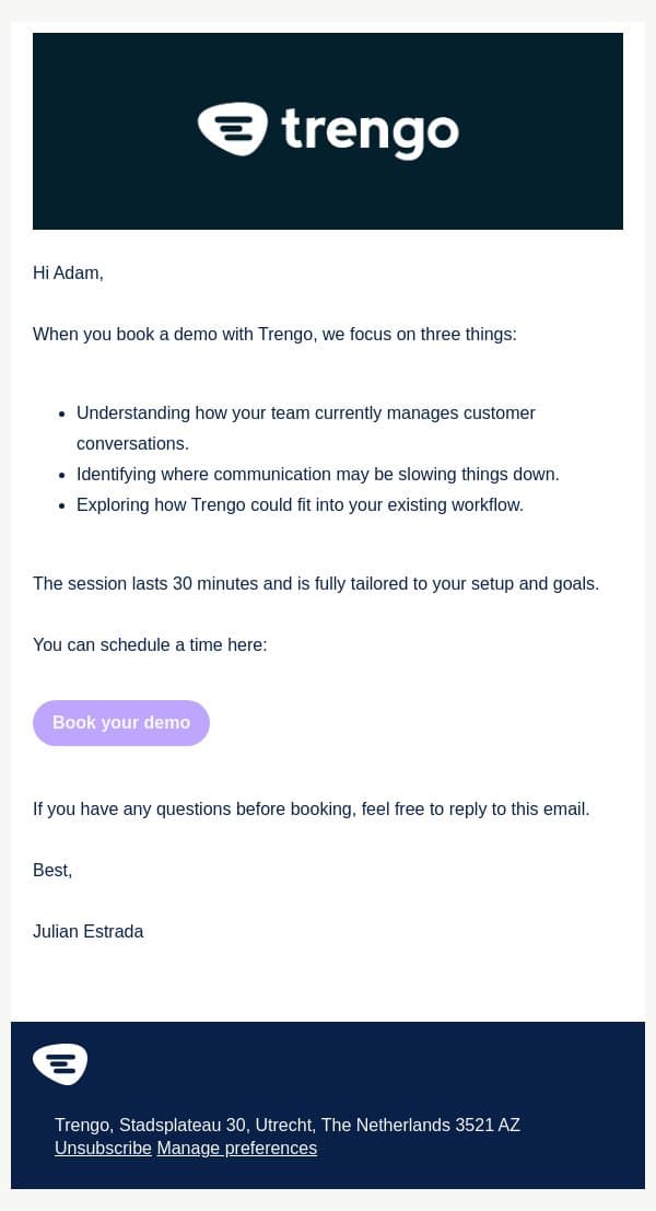 What to expect during your Trengo demo email from Trengo screenshot