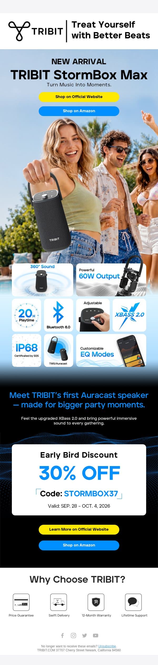⏰ 30% OFF StormBox Max — Feel 360° Sound & 60W Power email from Tribit screenshot
