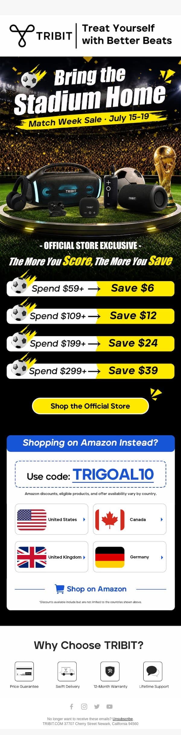 🏆 Final Match Week Sale: Official Store Deals + Amazon Code TRIGOAL10 email from Tribit screenshot